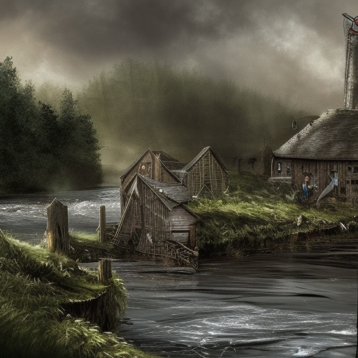 dark medieval big river, rocky rapids, two water levels, lock with two sluices between island and shore, Warhammer fantasy, house, summer, trees, nets, fishing, black adder, muddy, misty, overcast, Dark, creepy, grim-dark, gritty, hyperdetailed, realistic, illustration, high definition