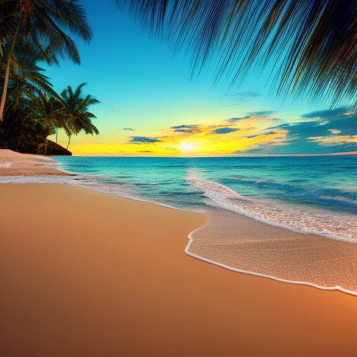 Create an image of a beautiful beach scene, with crystal clear water and white sand, with a breathtaking sunset in the background. ultra-realistic, cinematic lighting 80mm lens, 8k, photography bokeh, 
