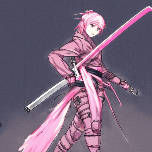 An anime girl with pink hair, holding a katana, in samurai outfit, drawn by Yoji Shinkawa, highly detailed, trending on art station, sci-fi themed, dynamic posing