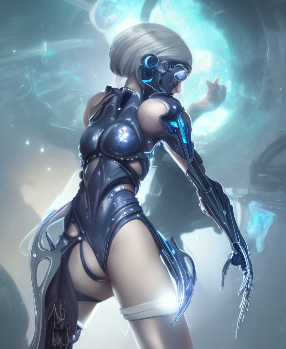 holy cyborg necromancer girl, elegant, perfect face, scifi, futuristic, utopia, garden, illustration, atmosphere, warframe, blue eyes, white hair, artstation, nier automata, highly detailed, art by yuhong ding and chengwei pan and serafleur and ina wong