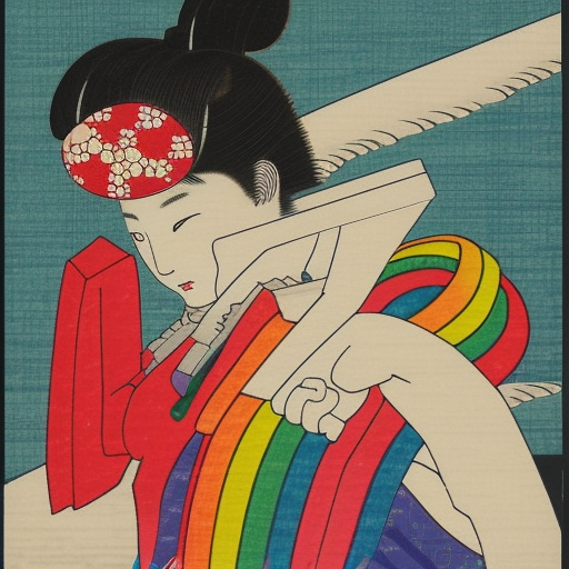 2 lesbians girl in the Minecraft game colore Rainbow Ukiyo-e Japanese woodblock