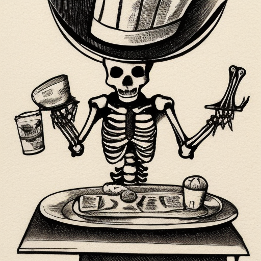 Skeleton chef tasting food engraving  Ink Surrealism 