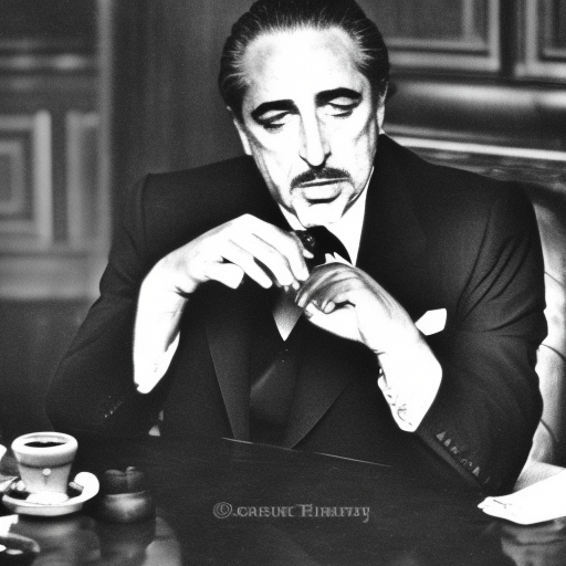 The Godfather, a black man, in a classy setting sitting at a table, cigar burning in hand