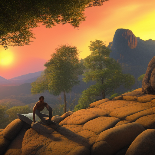 Man on some rocky spot with an orange sky, late afternoon sun, in hdr, glow, matepainting style, realistic, fantasy place, unreal engine