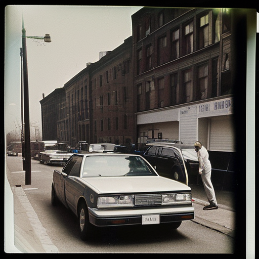a car is parked on a city street and the driver through the window is talking to a man on the street leaning against the car. Harlem circa 1980, polaroid by Andy Warhol 