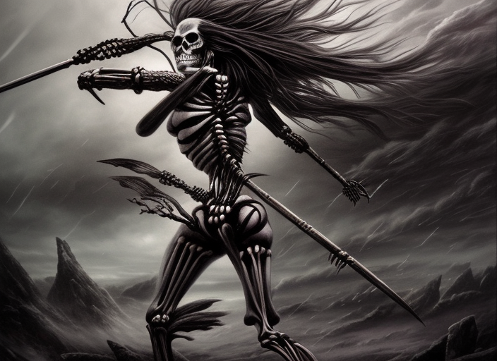 realistic detailed image of a female skeleton warrior black hair blowing in an angry, stormy battle scene, anime art, anime, inspired by H.R. Giger and Zdzislaw Beksinski and Mark Ryden, gothic, rich deep colors. A masterpiece, matte painting, digital art, Trending on artstation.