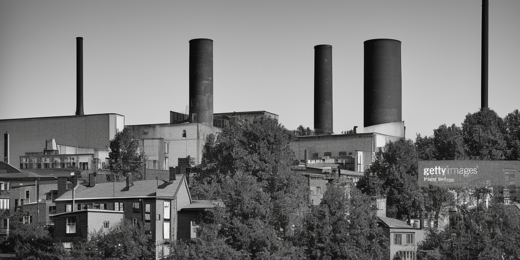 A black and white painting of a factory in Wuppertal, a very close-up shot. It's a clear and bright day. In the center of the picture, a brick chimney rises up, dominating the upper half of the image. In the background, behind the industrial building, there is a tree. Actually, everything except for the chimney is in a deep, dark shadow. The chimney, on the other hand, as the tallest object, rises phallically and reaches out to the sunlight as if it were a tree turning towards its source of nourishment. The other tree, which is not just like a tree, but a real tree, is only a dark outline. Would it be a bit too overblown if I were to say: Here, the human work of capitalism rises above natural creativity, showing its strength and pride, without realizing that its downfall is already embedded in this outstanding pride? Or is a chimney sometimes just a chimney?