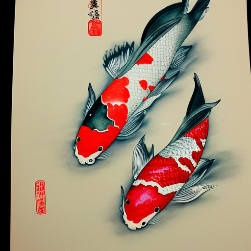 watercolor of beautiful drawing koi fish style by Cheng Khee Chee, 4k, very detailed, very intrincated details, armony, water, air, soft, decorative, masterpiece, no two heads, no deformation, no two tails, no signature, no watermark