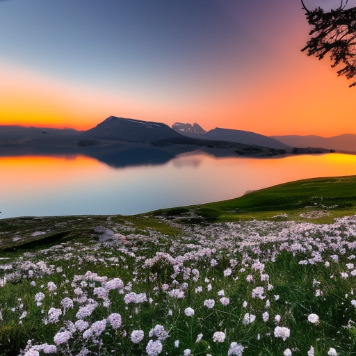 one Edelweiss on the mountain, a lake in the valley, sunset in the background