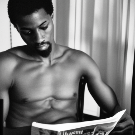 Long shot, skinny Shirtless African American male reading magazine in old motel room, early 2000s, flash photography, polaroid—-6745759