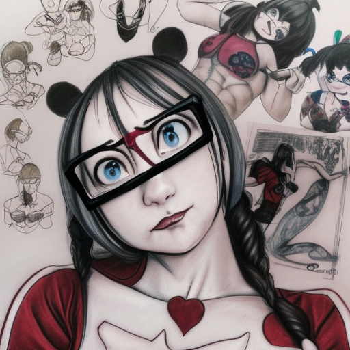 beautiful brunette anime girl harley quinn, smiling, dressed in fitness clothing, wearing glasses, short haircut, white sneakers, tattoos on arms and neck, in an art studio, sitting at a table drawing, full body, full face, face extremely detailed, anatomically correct, highly detailed, symmetrical, concept art, intricate detail, art by alex raymond,4k,8k,hd oil painting on canvas