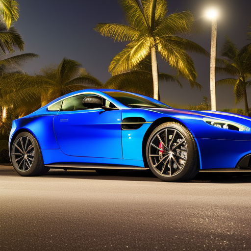 wide angle view of a black ASTON MARTIN VANTAGE, Miami, centered, city street, leds and neons, sharp focus