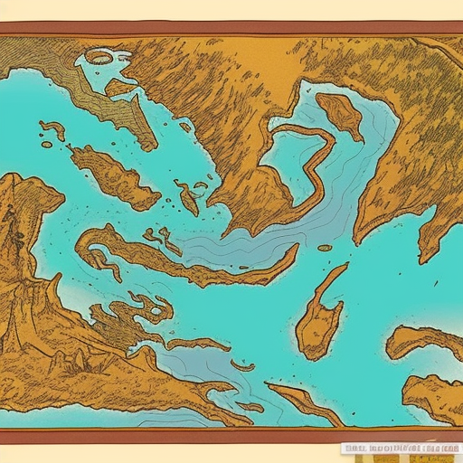 map, fantasy, moebius, 70s comics, 80s comics, inkarnate, thick outlines, high resolution, full color, continent, surrounding sea