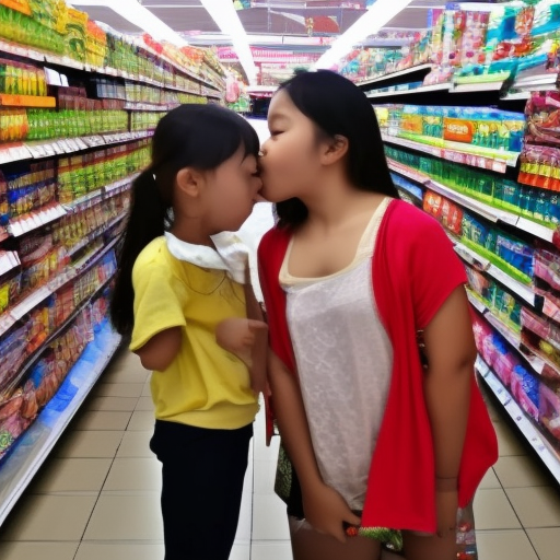 two Little malay girl kissing in super market 