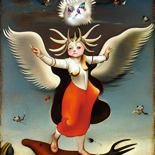 horned demon girl casting a spell, accidental explosion, flying white cat with angel wings, bruegel oil painting