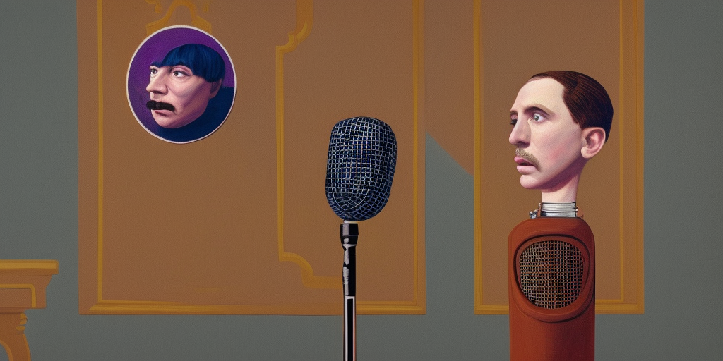 a painting of an living Microphone with an face in front of the Grand Budapest Hotel