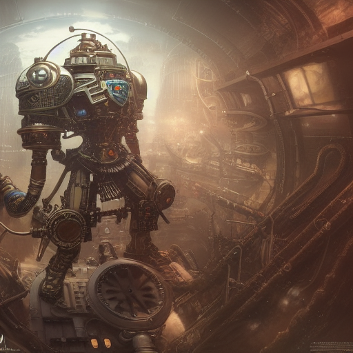 portrait of a steampunk sci-fi machine, third person, warhammer 40k, D&D, sci-fi fantasy, intricate, hologram colors , highly detailed, art by Range Murata, highly detailed, 3d, octane render, bright colors, digital painting, sharp focus, illustration style of Stanley Artgerm,
