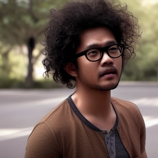 a malaysian man wearing shorts with curly hair and glasses in a film still scene from a marvel movie