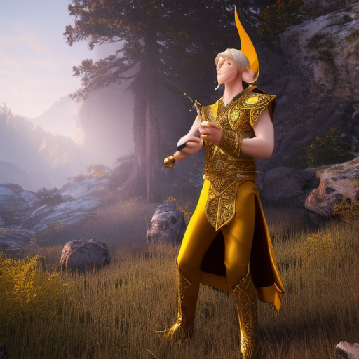 male elf bard, golden clothes, flute, artstation, unreal engine 5, 8k resolution, realistic, tundra background, matte painting, highly detailed