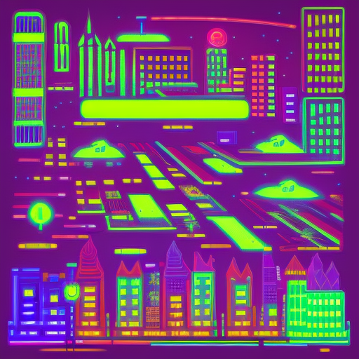 surreal fantasy neon city in infographic style without text