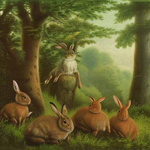 group of rabbits in the green forest, artwork