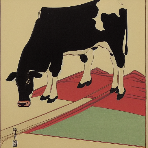 a painting of a cow wearing a costume, a portrait by Koson Ohara, featured on pixiv, ukiyo-e, ukiyo-e, woodcut, chiaroscuro