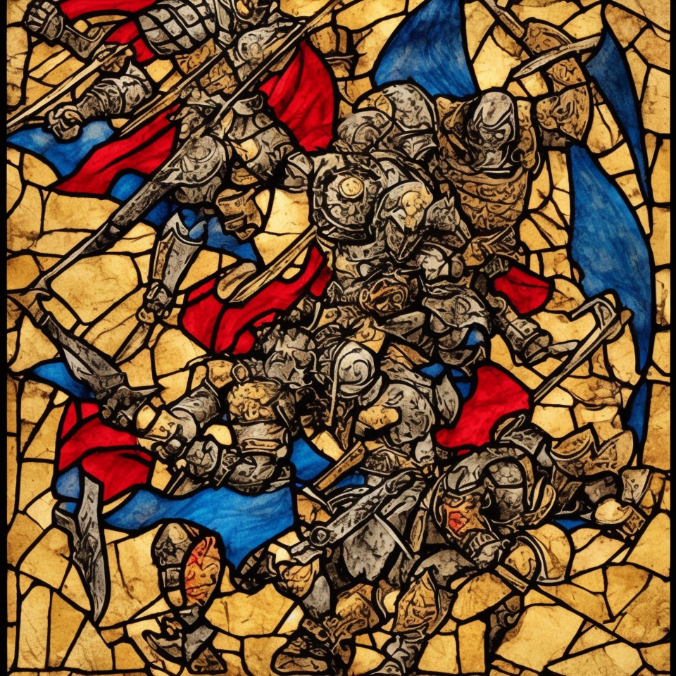 dark medieval, duel of evil gladiator and good gladiator, triumphant young evil gladiator defeating good gladiator with sword and shield, evil, Warhammer fantasy, stained glass, black and red, gold and blue, grim-dark, gritty