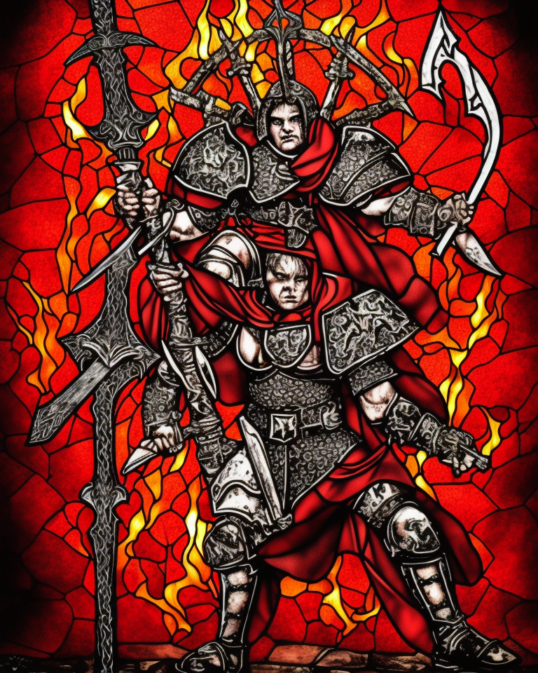 a young aggressive evil satanic gladiator with a big demonic sword, stained glass, hellfire on a background, Warhammer fantasy, black and red, grim-dark, detailed