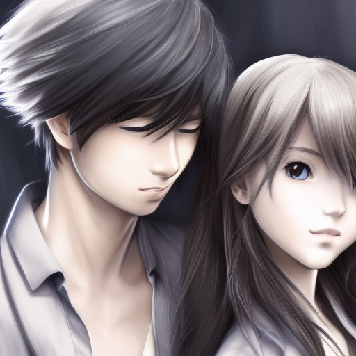 anime couple neon black and white, art by ,  artgerm, in the style of Anime Black White,  Ghibli,  natural lighting, blue eyes brown hair boy and brown hair brown eyes girl,  HDR 4k complex picture ultra realistic Unreal Engine highly detailed