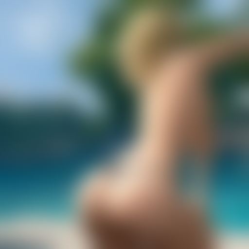 a blonde woman in a green bikini seen from behind, thin back and wide hips, legs bended photorealistic unreal engine