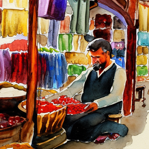 shopkeeper in Turkish bazaar in watercolours