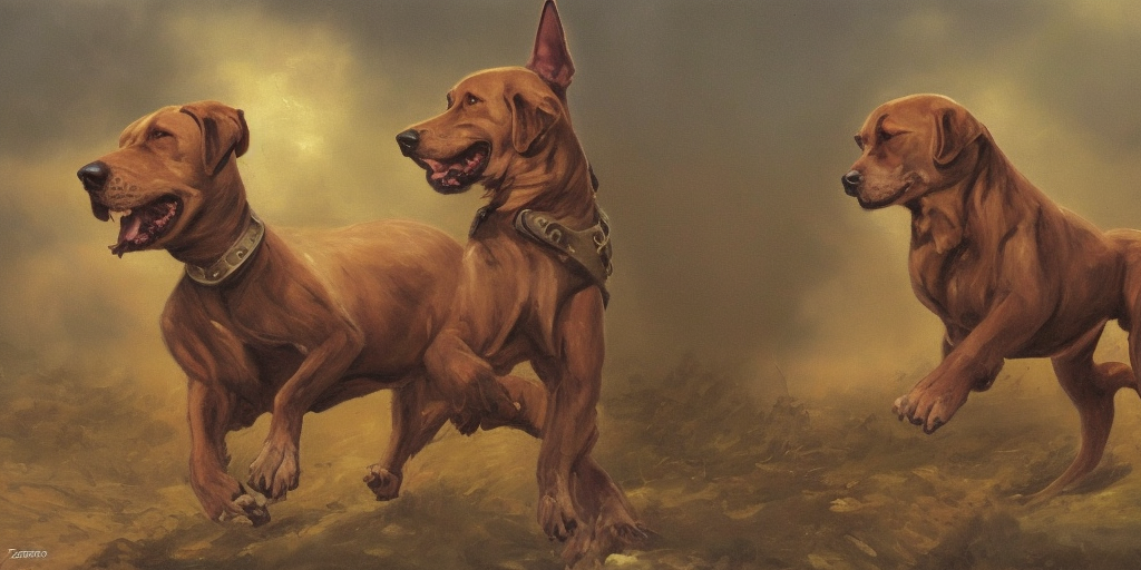 a oil painting of First thought: Zerberus, he could be a good dog, a dog that is sometimes a bit much, but a good dog, that's what he could be. Second thought: Damn tank, damn sword, damn culture of war - all the damn stuff that forces me to run around fully armored. Third thought: ZERRRRBERUS, he's one of us, like me, one of those guys who was handed a sword without being asked. Gap in thoughts: Panting Fourth thought: OOOO ZERRREBERUSSS, Hades, he's really just like us, he just acts tough and strong on the outside. Gap in thoughts: Panting, panting Fifth thought: Let's be honest: He doesn't really act like that anymore, he lets others act, he uses us as figures who play his strength and size without him having to show himself. Sixth thought: Oh Zerberus, the life of another, that's what our lives have in common. Oh Zerberus, dog, you are doomed to live in the world of another because of your nature. Dogs don't have their own cultural problems, they just carry the ones that are attached to them. Gap in thoughts: Stop briefly, pant twice and then keep running.