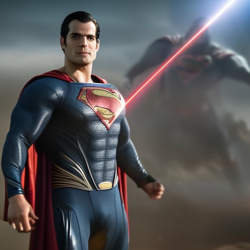 Superman Henry Cavill firing laser beams against  Thanos, highly detailed, 8K quality, cinematic experience, 