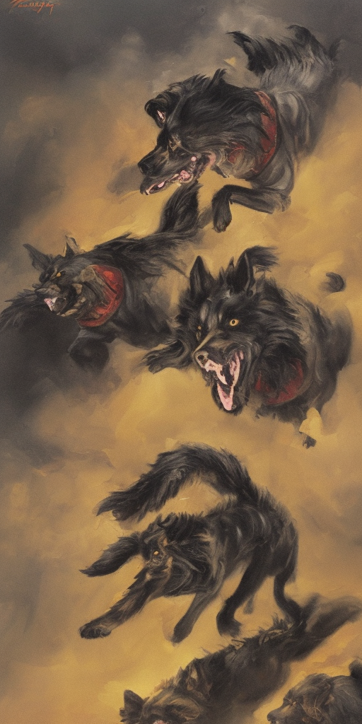 a oil painting of First thought: Cerberus, this could be a good dog, a dog that is sometimes a bit much, but a good dog, that could be him. Second thought: damned tanks, damned sword, damned war culture – all the shit that forces me to run around fully armored. Third thought: ZERRRRBERUS is one, as I am, one of the youngsters who had a sword pressed into their hands without being asked. Thought gap: Breath Fourth thought: OOOO ZERRREBERUSSS, the great Hades, who is basically the same as us, only appears big and strong on the outside. Thought gap: Schnauf, Schnauf Fifth thought: Let's be honest: He doesn't appear like that anymore, he lets himself appear, uses as figures who, without having to show himself, play his stronger, greatness. Sechter thought: Oh Cerberus, the life of another, that's what our lives have in common. 
