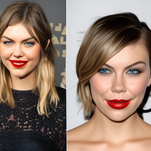 Blonde Lauren Cohan with red lipstick mixed with Troy Baker