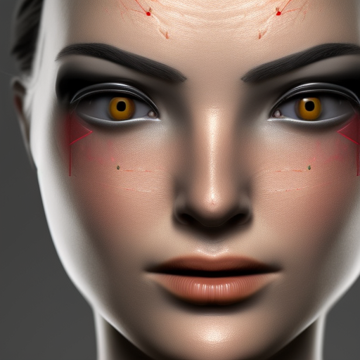 a beautiful woman's face with a cyborg eye, slightly smiling, rosy cheeks, realistic 4K