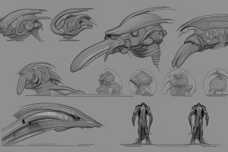 schematic diagram of alien boss, biology, book, page, detailed, cross section, trending on artstation, cgsociety, Ralph McQuarrie and Greg Rutkowski and mobius