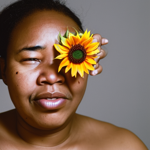 a photo by Daisuke Yakota of an African American woman holding a sunflower in front of her left eye