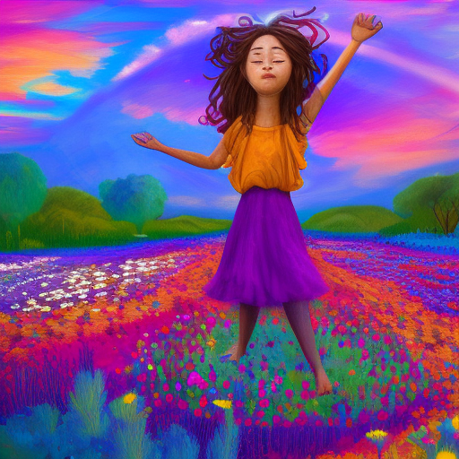 Create an AI-generated artwork of a magical garden where the flowers have taken the form of a young woman's face. The girl is standing barefoot in the center of the garden with her arms outstretched, surrounded by a vast field of vibrant daisies. The sunrise casts a dramatic light over the surreal scene, illuminating the colorful clouds in the large sky above. The artwork should be inspired by both impressionist painting and surreal photography, with a digital painting style similar to that of artist Simon Stålenhag. Share your creation on ArtStation and hashtag it with #FlowerFaceGarden.