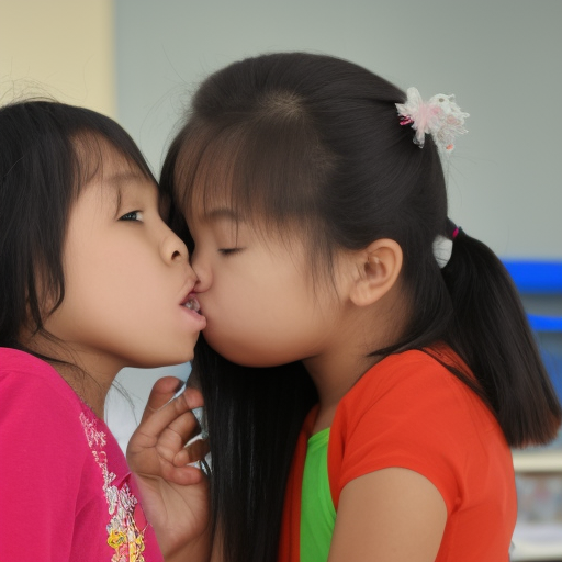 two elementary school malay girl kissing 