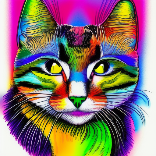 psychedelic cat drawing, colorful, psychedelic, highly detailed,black backgrouned