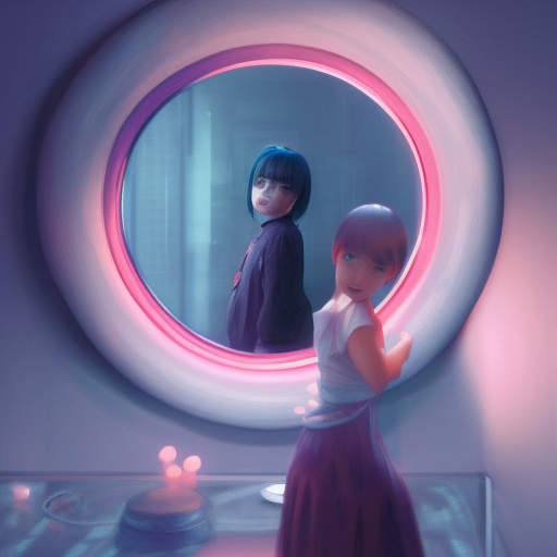 very small little girl smiling by ross tran : : reaching into their reflection in the mirror by sana takeda : : rtx reflections, very high intricate details, digital anime art by artgerm, medium shot, mid - shot, composition by ilya kuvshinov, lighting by greg rutkowski