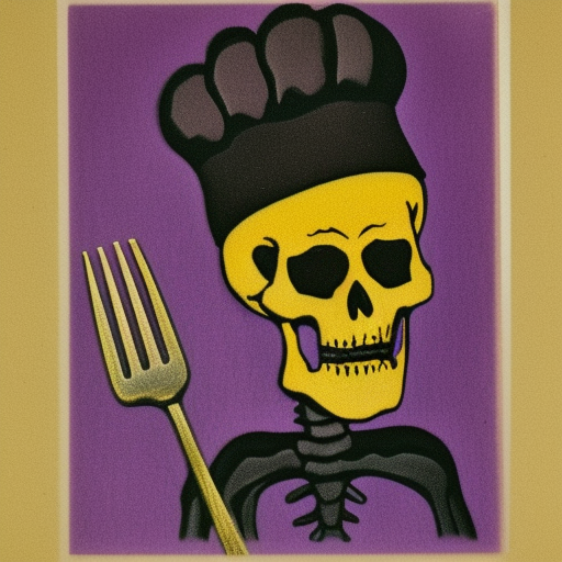 Skeleton chef tasting food Color engraving purple and black Surrealism 