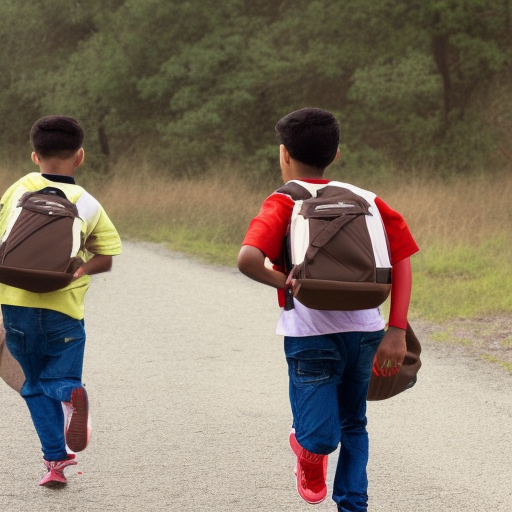 Two brown boys running to the side with duffle bags