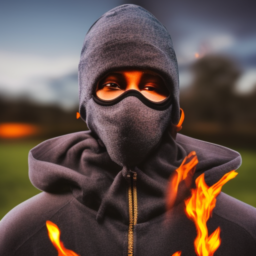 Black Man with ski mask standing in a field on fire no distortion 8k ultra hd ultra-realistic portrait cinematic lighting 80mm lens, 8k, photography bokeh