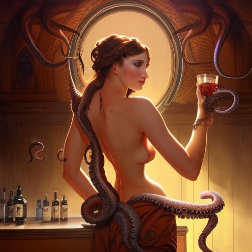 an attractive young woman with octopus tentacle arms, working at an old west saloon serving drinks, fantasy, intricate, elegant, highly detailed, digital painting, artstation, concept art, matte, sharp focus, illustration, art by artgerm and greg rutkowski and alphonse mucha