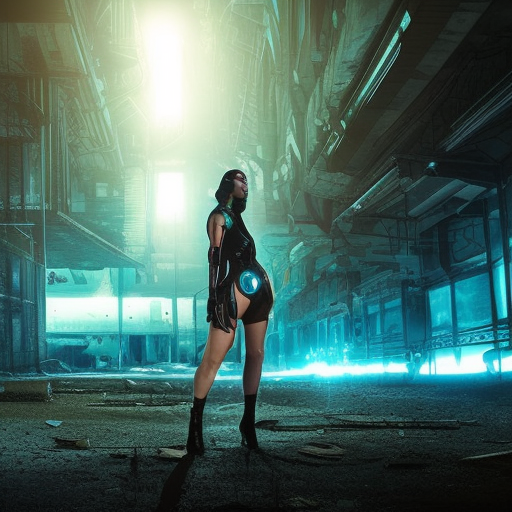 stunning, breathtaking, awe-inspiring award-winning photo of an attractive, alluring biomorphic female cyborg in a desolate abandoned post-apocalyptic industrial city at night, epic scene, extremely moody blue lighting