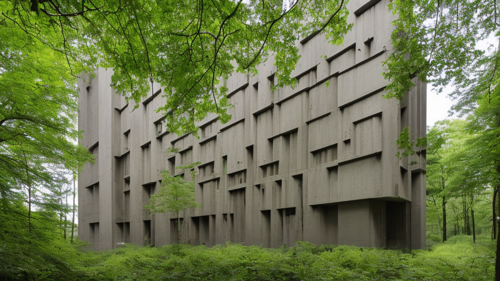 an eco-brutalist building amongst the trees