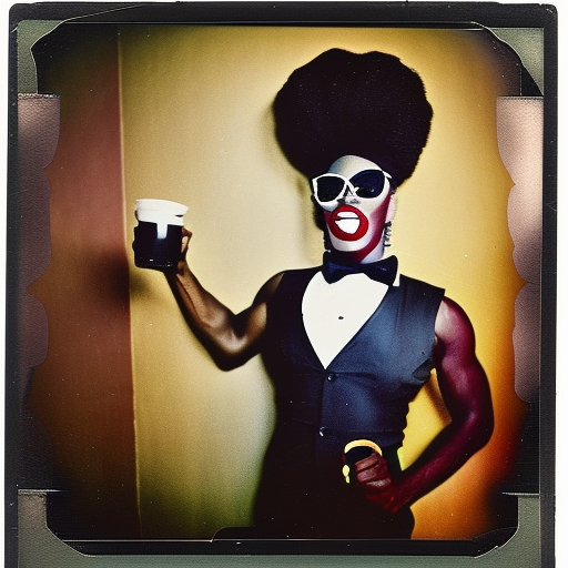 African drag queen wearing a black suit, in a seaside bar In Kingston, Jamaica, vintage color polaroid, by Andy Warhol—v 4