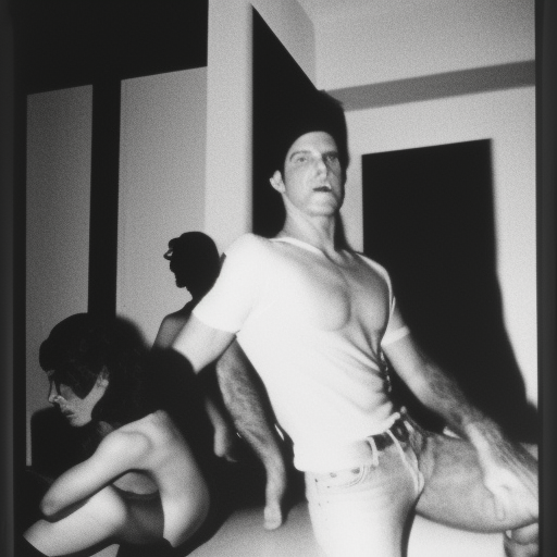 long shot, Joe Dallesandro  in white tee shirt and Holly Woodlawn at party in downtown loft, anatomically correct, 35mm black and white photography, in the style of Daisuke Yokota